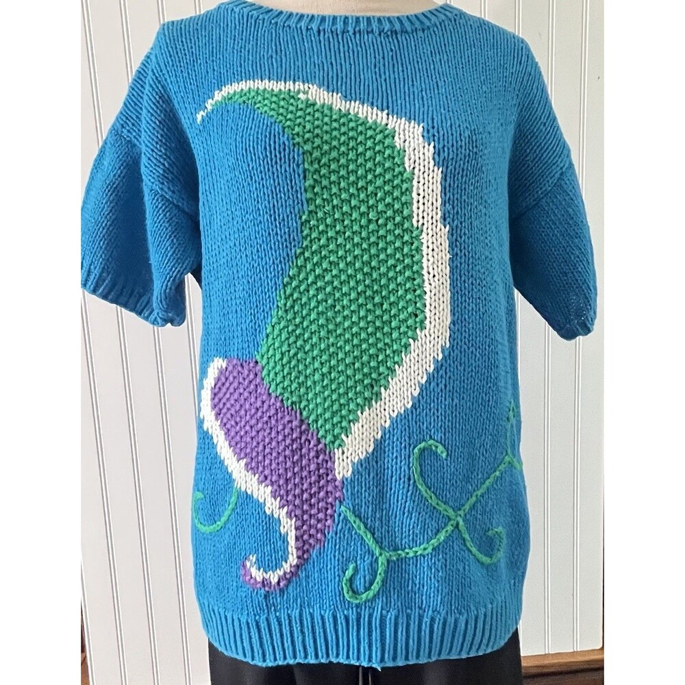Personal Vintage Cotton Blend Knit Sweater Short Sleeve Blue Abstract Pattern XL